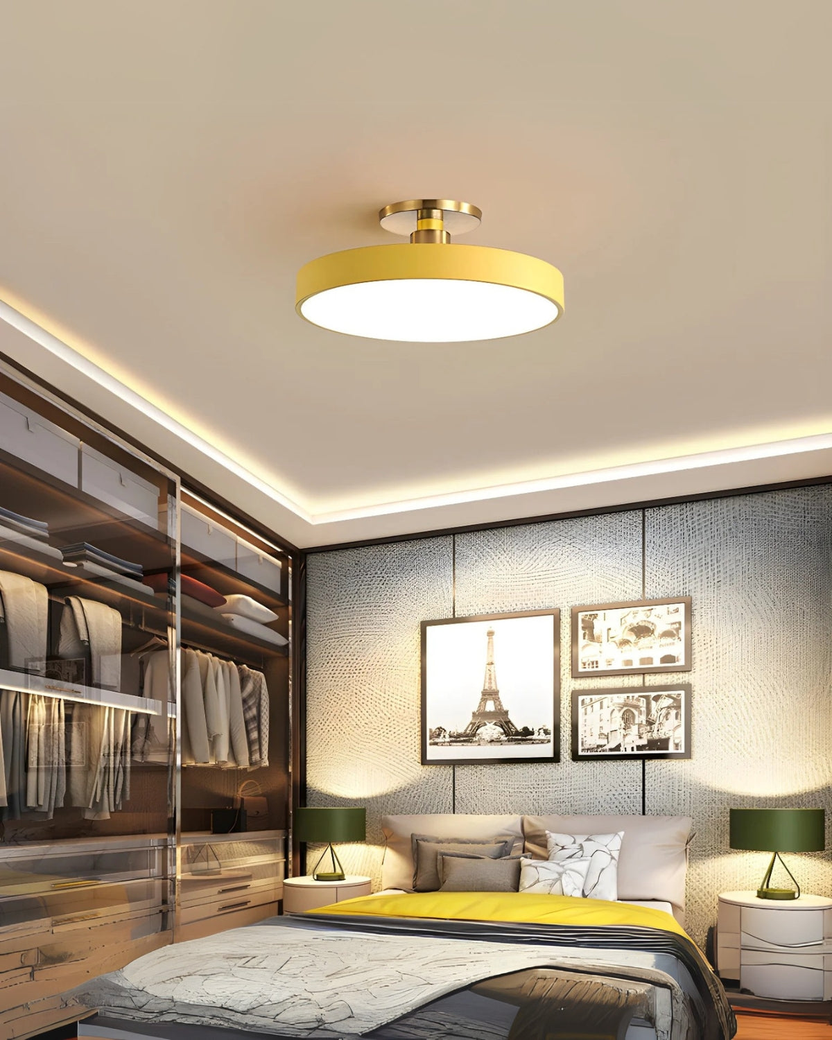 Moderne ronde plafondlamp met goud detail en acryl diffuser – minimalistische semi flush design verlichting voor woonkamer en slaapkamer | Restfield