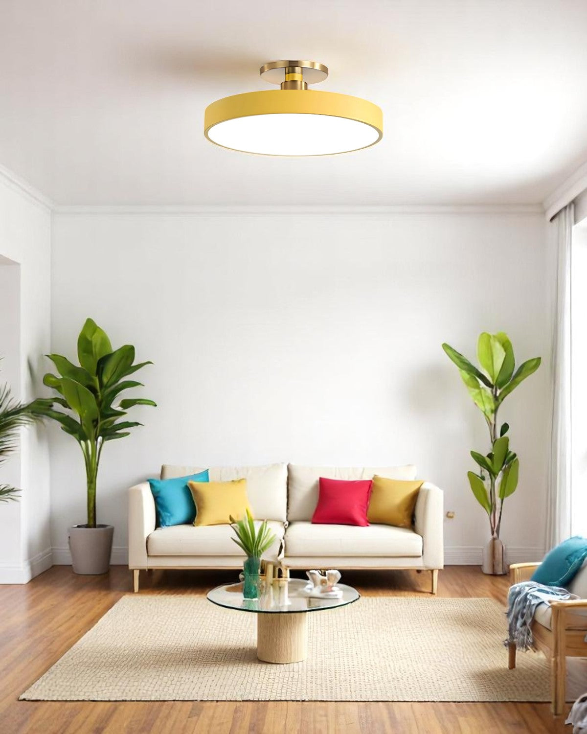 Moderne ronde plafondlamp met goud detail en acryl diffuser – minimalistische semi flush design verlichting voor woonkamer en slaapkamer | Restfield